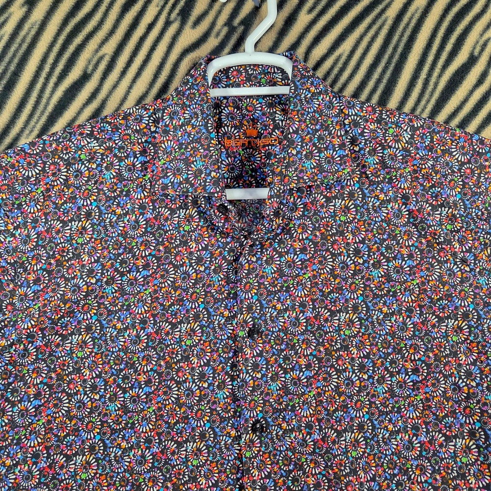 Bertigo Mens Multicolor Floral Burst Pattern Short Sleeve Cotton Button Down XL